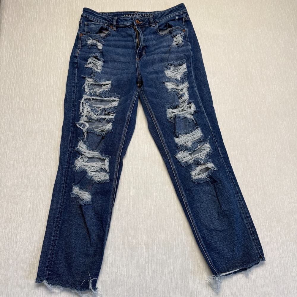American Eagle Outfitters Mom Jeans Womens 14 Blue Cotton Distressed Raw Hem